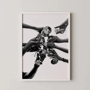 Retro Bar Cart Print: Cheers, Trendy Kitchen Wall Art Abstract Art Canvas Print Black And White Wine Glasses Toasting Pattern For Home Decor Wall Art