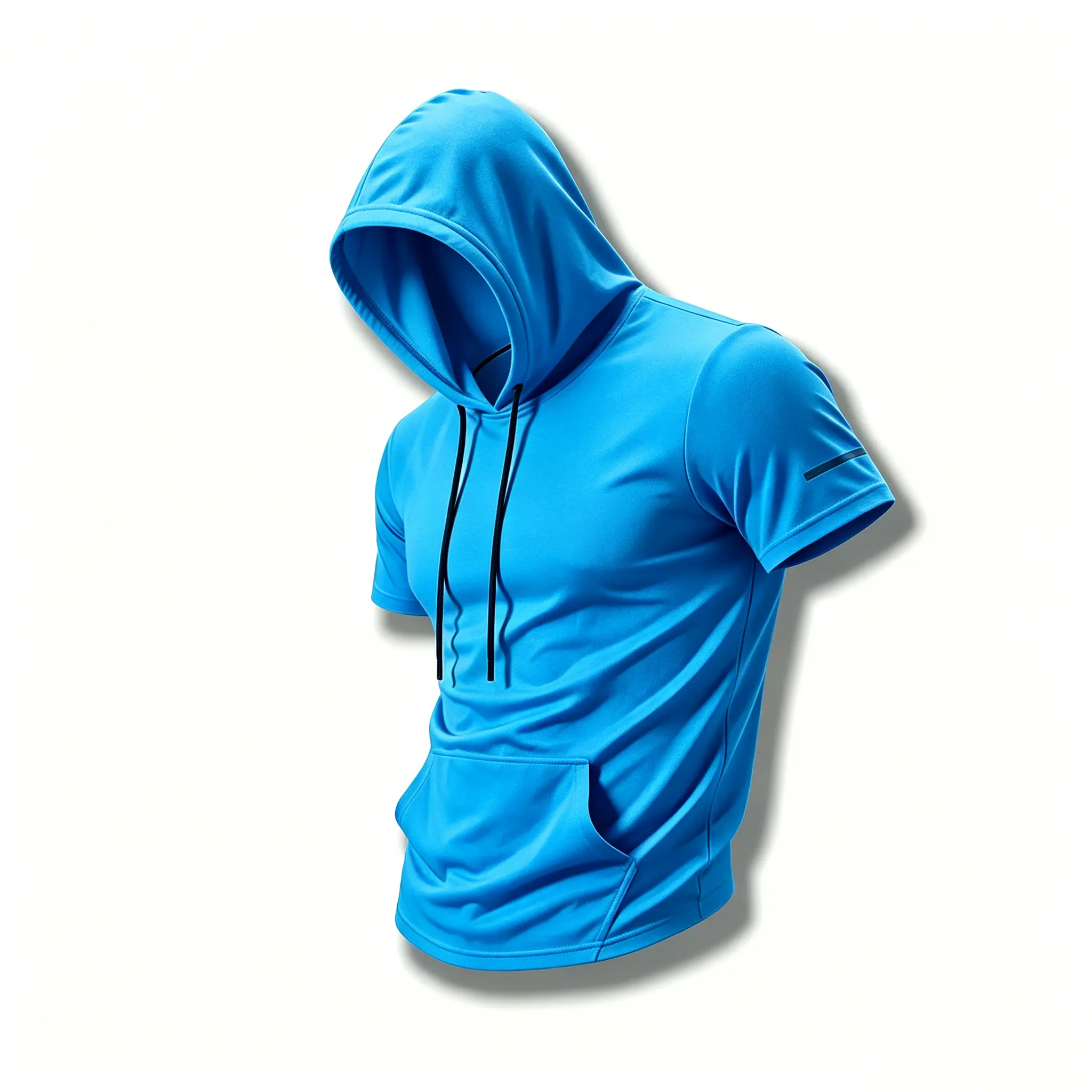 Men’s solid-color short-sleeve athletic hoodie with elastic drawstring design, breathable mesh fabric, kangaroo pocket included; breathable and comfortable, slightly stretchy feel.