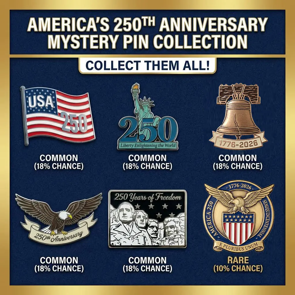 America's 250th Anniversary Mystery Enamel Metal Pin Blind Bag - mysterypackfinds, Patriotic Art Unisex Collectible Set, Collect All 6 (1776-2026) Fashion Accessory Collar Clip Brooch