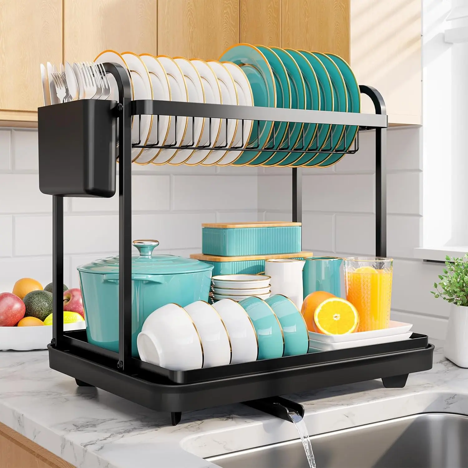 2-Tier Dish Drying Rack - Stainless Steel Dish Rack with Cutlery & Utensil Holders  Kitchen Counter, Sink Organization and Storage  Small Family, 15" W x 11.4" L x 15" H, Black