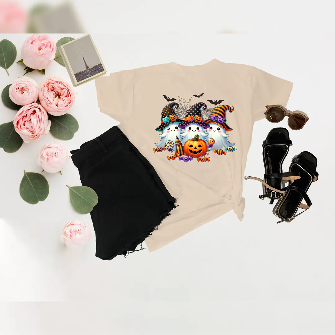 Witch Hat Ghosties- Gilden Softstyle, Unisex, color variations available Comfortable Cute Graphic Halloween T-Shirt Shortsleeve