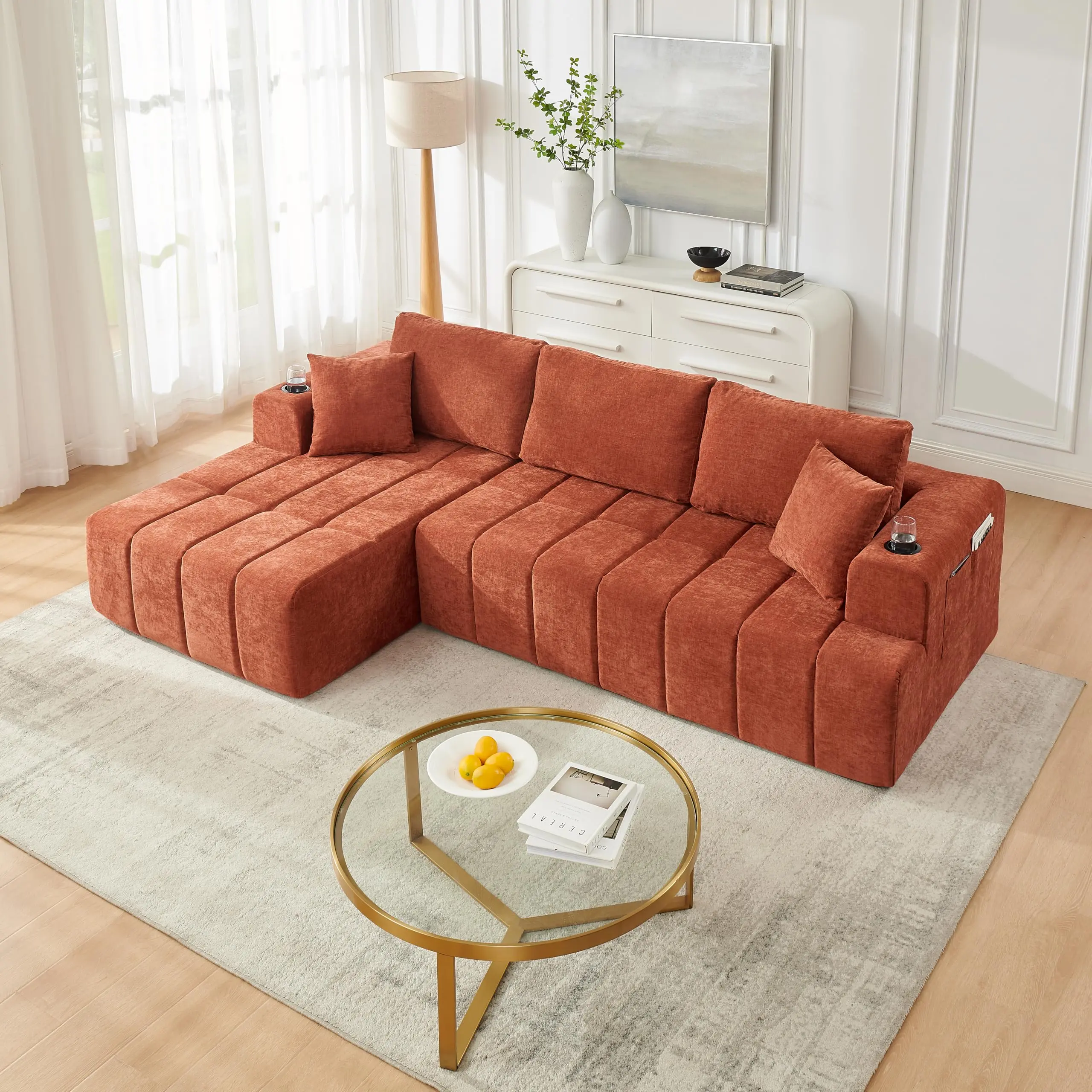 108" Oversized Cloud Boneless L-Shaped Modular Sectional Sofa with Chaise, Modern Tufted Chenille Deep Seat, Comfy Corner Couch with Cupholders & Storage, No Assembly Required (Living Room Indoor Furniture Set)