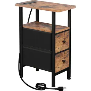 Narrow Side Table with Charging Station for Living Room, Thin Side Table with Fabric Drawer, Small Space Bedside Table for Bedroom, Sofa Side Table, Brown