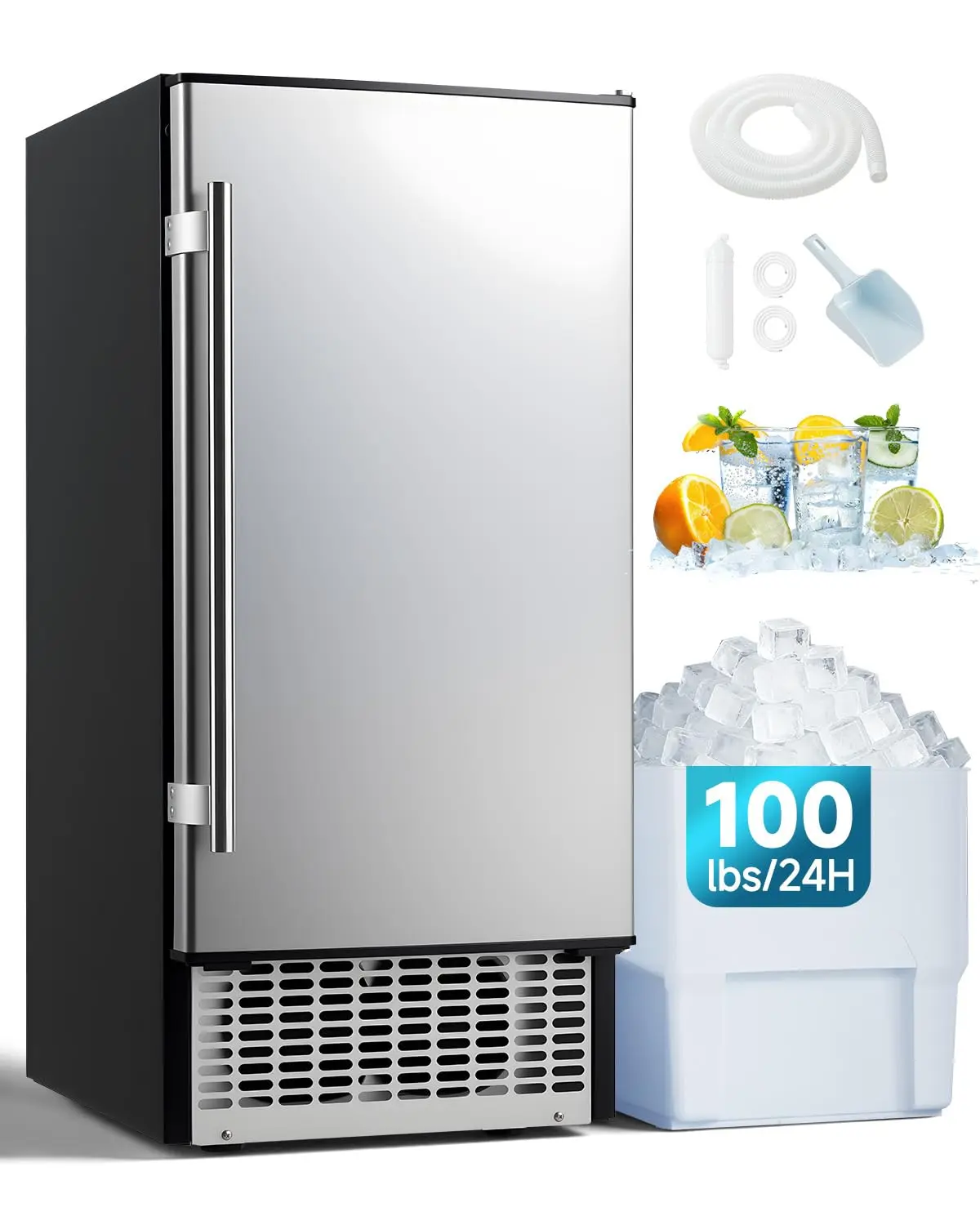 AECOJOY Freestanding Under Counter Ice Maker, 15''W Stainless Steel Commercial Ice Machine, 100 lbs Daily Ice Production, 30 lbs Storage Bin, Water Filter, Self-Cleaning & Timer for Home Bar, Cafe, Restaurant