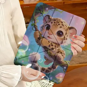 Triple Y-Shape iPad/tablet Case with Pen Holder, Cute Leopard Money Cartoon Design, Lightweight & Adjustable, Perfect for Work, Travel, Home