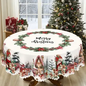 1pc, Christmas Atmosphere Themed Print Tablecloth - Rectangle Table Cover with Christmas Flower, manteles de tela para fiesta, Xmas Decor, Holiday Party Indoor Dining Decor, Round Table Cloth, Christmas Party, Festive Home Kitchen Accessory Gift