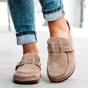 2025 Women's Suede Clogs Mules Loafer Shoes Memory Foam Slipper Casual Sneakers Anti-Backless Home Office Walking Shoe Khaki Solid Color Velcro Open Toe Chunky Heel Beige Wedge Comfortable Sandals