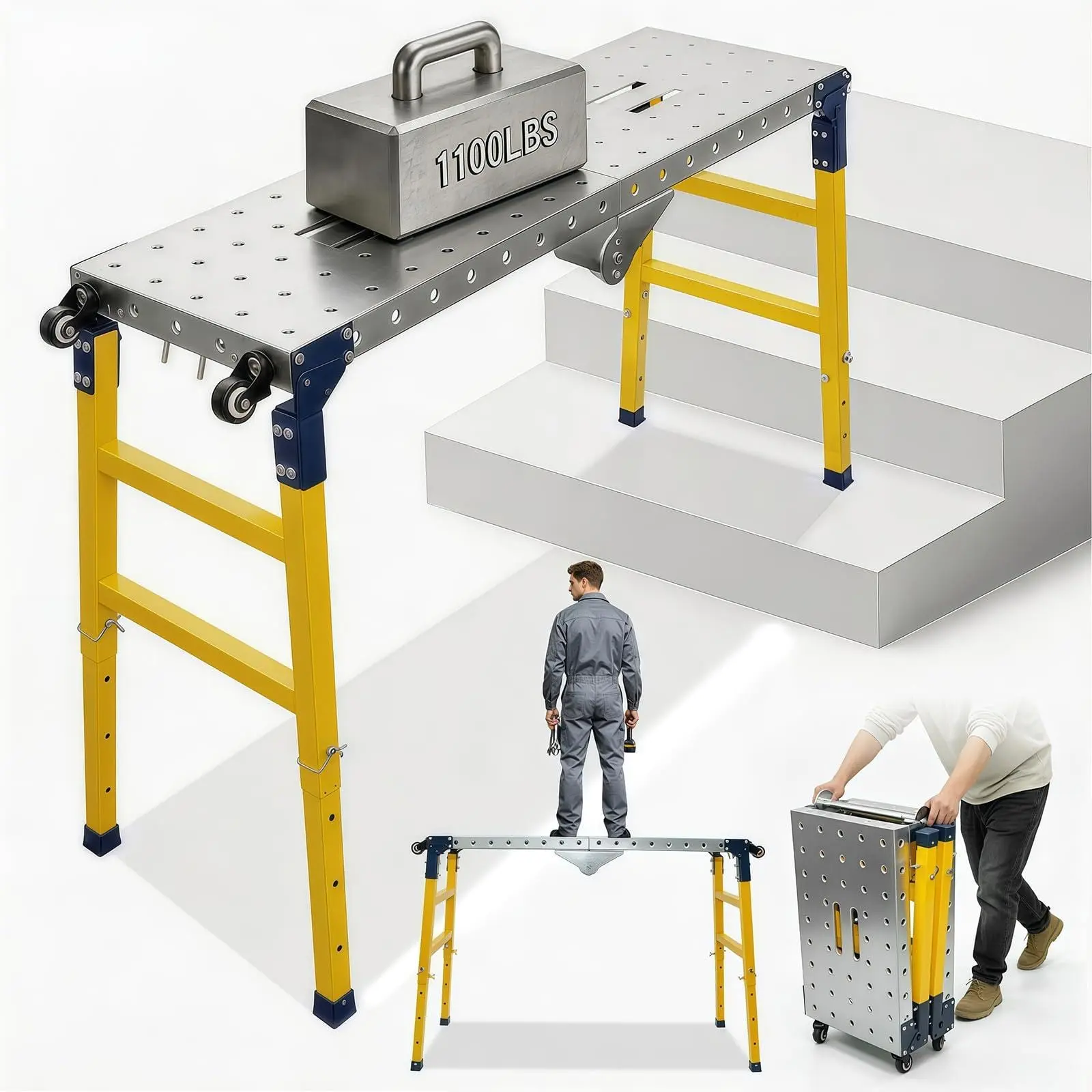 Galvanized Steel Scaffolding Platform with Wheels - 47x14 in, 1100 lb Capacity, 23-35 in Height Adjustable, Foldable, Reinforced Steel Frame, Portable for Painting with Easy Reach, Secure Workspace