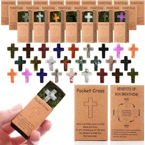Christmas Gift Home Decor 50 Set Pocket Cross Bulk Christian Religious Gifts with Boxes Natural Crystals Small Mini Stone Cross Charm for Prayers Faith Reminder Baptism Inspirational Gifts - Ornaments