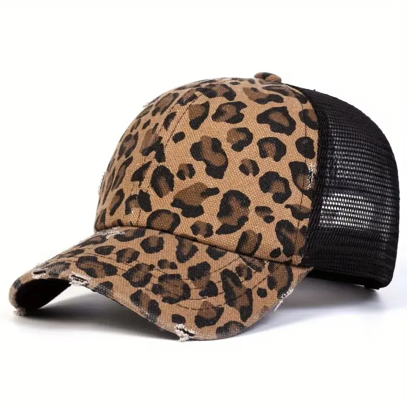 Women'S Leopard Print Perforated Baseball Cap, Fashionable Mesh Cap, Outdoor Sports Adjustable Casual Hat Suitable for Spring And Autumn Travel, Beach Vacation