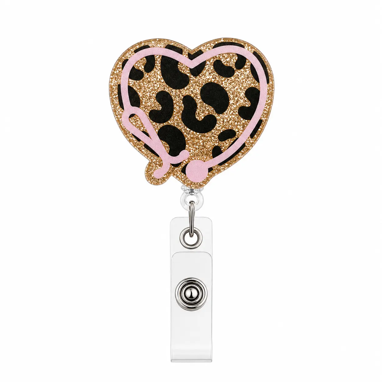 Heart Badge Reel Leopard Print Badge Reels Retractable Acrylic Glitter Badge Clip Heart Shape Name Tag Holder Funny Leopard Badge Holders for Doctor Nurse Teacher Office Valentines Gift