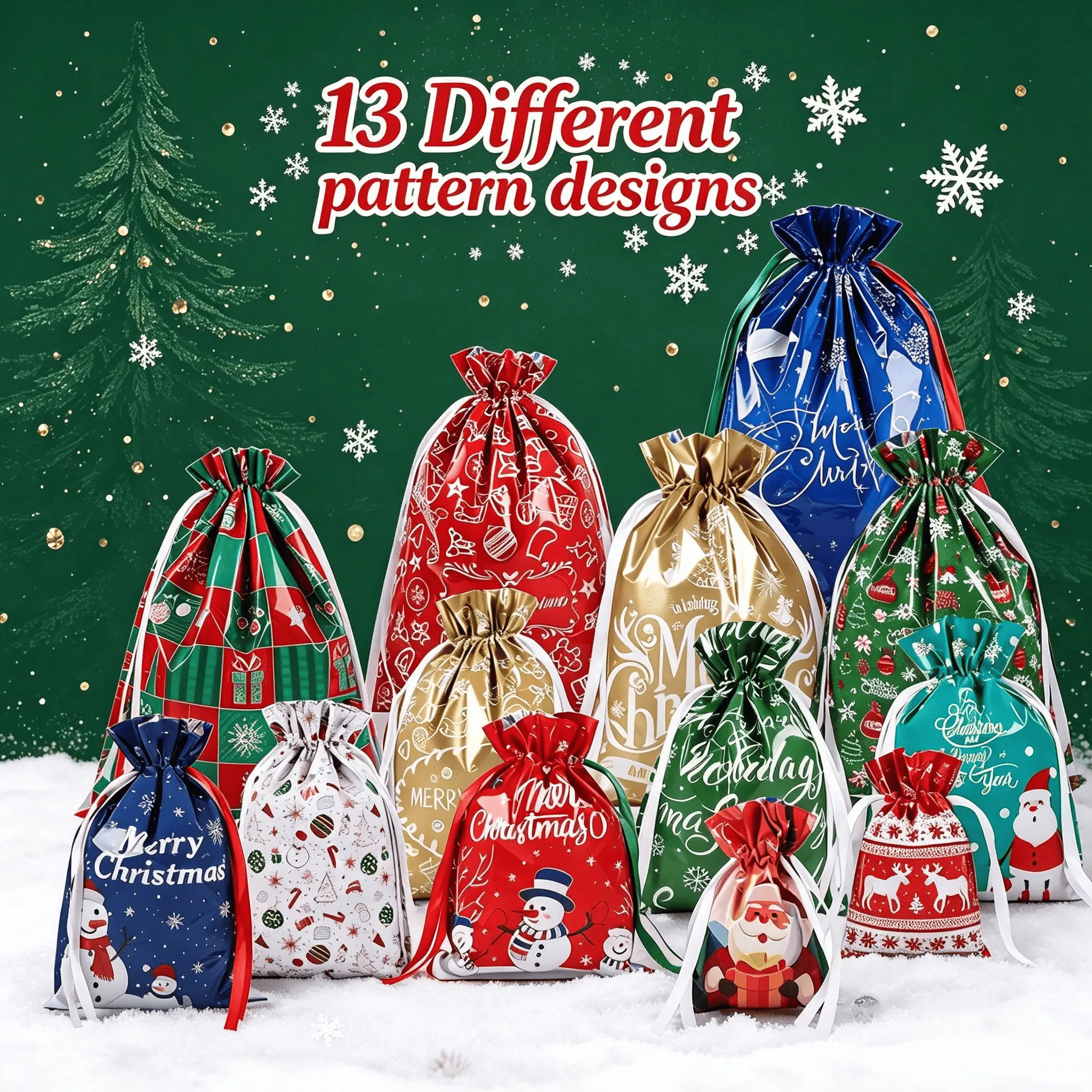 Unisex Reusable Waterproof Christmas Drawstring Gift Bags Set (52PCS, 13 Unique Labeled Designs) - ABS-Enhanced Stocking Stuffers, Bonfire Wedding Gift Wrapping Party Bags for Holiday Home Supplies, Goodie Bag Stuffers