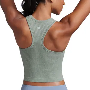CRZ YOGA Womens Seamless Ribbed Longline High Neck Sports Bra - Racerback Padded Slim Fit Crop Tank Top with Built in Pads