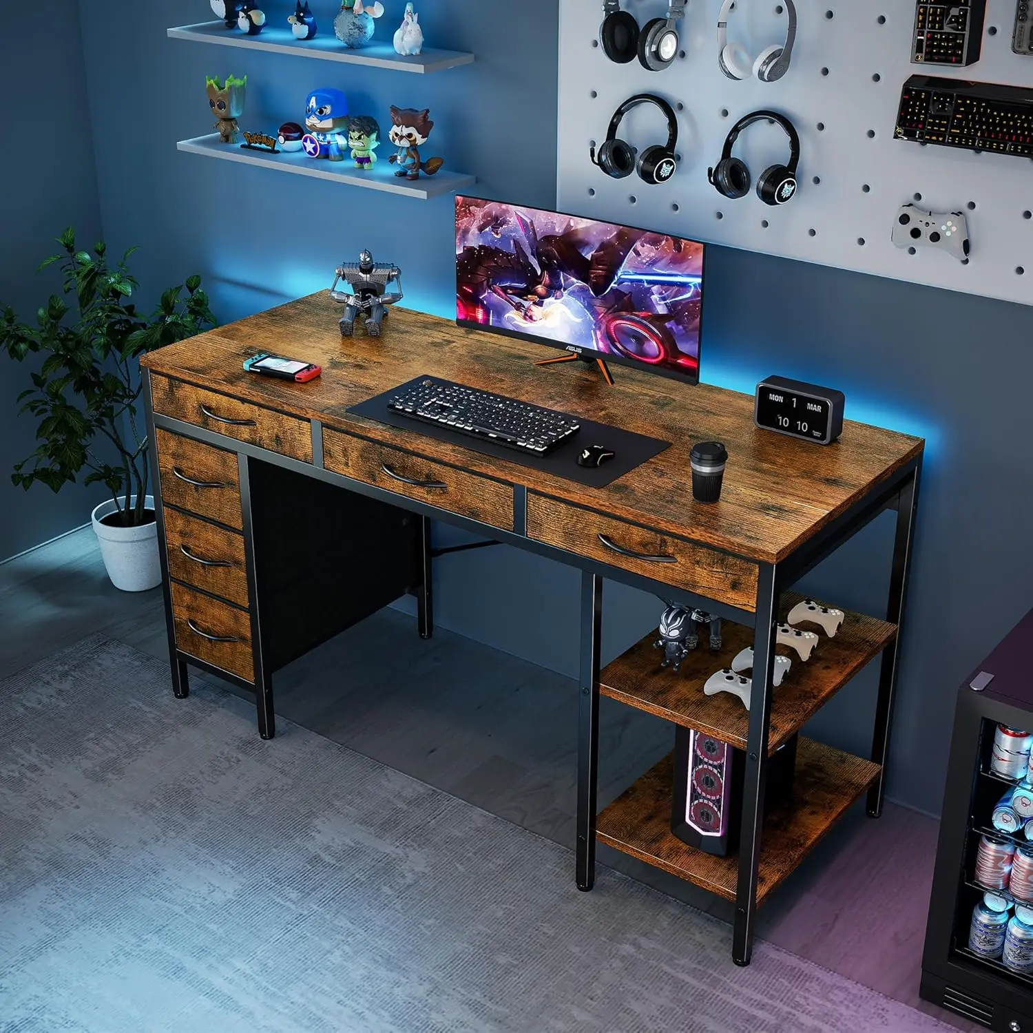 Rustic Brown Computer Desk with 6 Drawers and Storage Shelves, 47"/55" Home Office Gaming Writing Desk for Bedroom, Study Corner, or Living Room