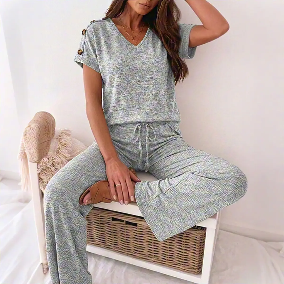 CHICME Women's 2 Piece Lounge Set V-Neck Button Decor Top and Wide-Leg Pants with Pockets Relaxed Casual Outfits