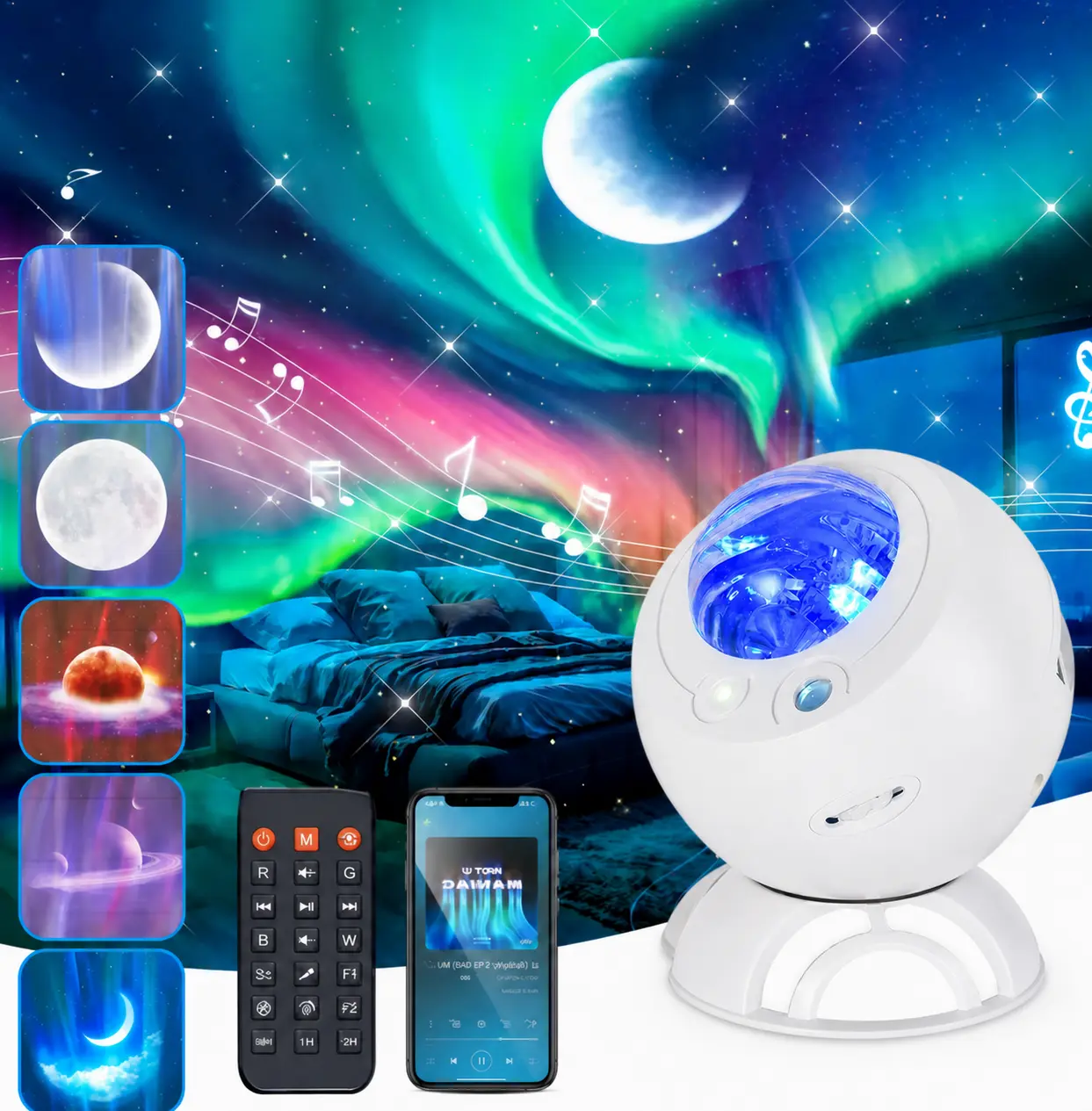 Northern Lights Aurora Galaxy Projector with Bluetooth Music Speaker, 3-in-1 Moon Star Planet Night Light with RGB Color Changing Effects for Bedroom Home Decor and Kids Gifts