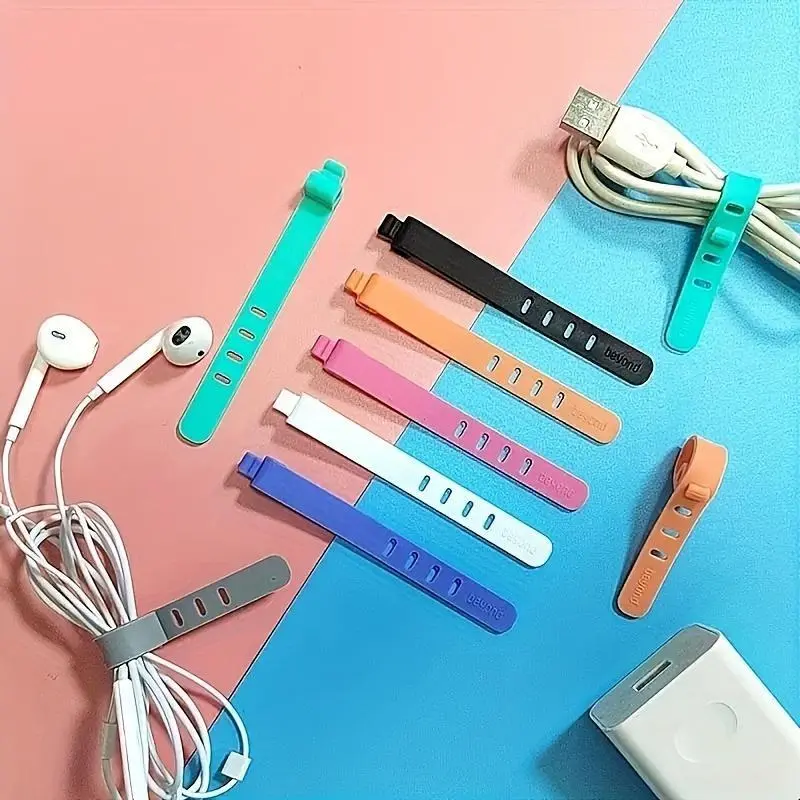 10-Pack Silicone Multi-Color Cable Ties, Cable Management Organizer, Cord Protector, Earphone Holder, Desk Tidy, Ethernet, Power Cord, Audio Cable