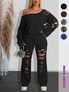 Women's Asymmetrical One Shoulder Cut Out Top & Flare Leg Elastic Waist Pants Set, Solid Long Sleeve Top & Bell Bottom Trousers Set, Spring & Fall Outfits