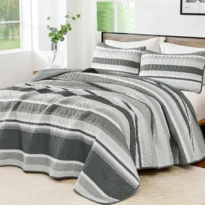 Grey  Quilt, 3 count Striped  Bedspread Coverlet, Summer Quilts  Set for Bed 110"90"
