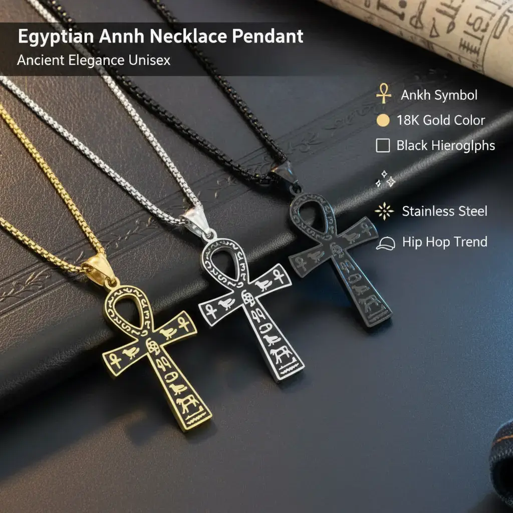 Ankh Necklace,Stainless Steel Egyptian Key of Life Pendant,Gold/Black Hieroglyphic Symbol Ancient Egyptian Pendant,Ancient Egypt Stainless Steel Cross Pendant Necklace Men Ladies HipHop Trend Pendant Amulet Jewelry Gift Creative Gift autumn rapper chain