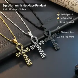 Ankh Necklace,Stainless Steel Egyptian Key of Life Pendant,Gold/Black Hieroglyphic Symbol Ancient Egyptian Pendant,Ancient Egypt Stainless Steel Cross Pendant Necklace Men Ladies HipHop Trend Pendant Amulet Jewelry Gift Creative Gift autumn rapper chain