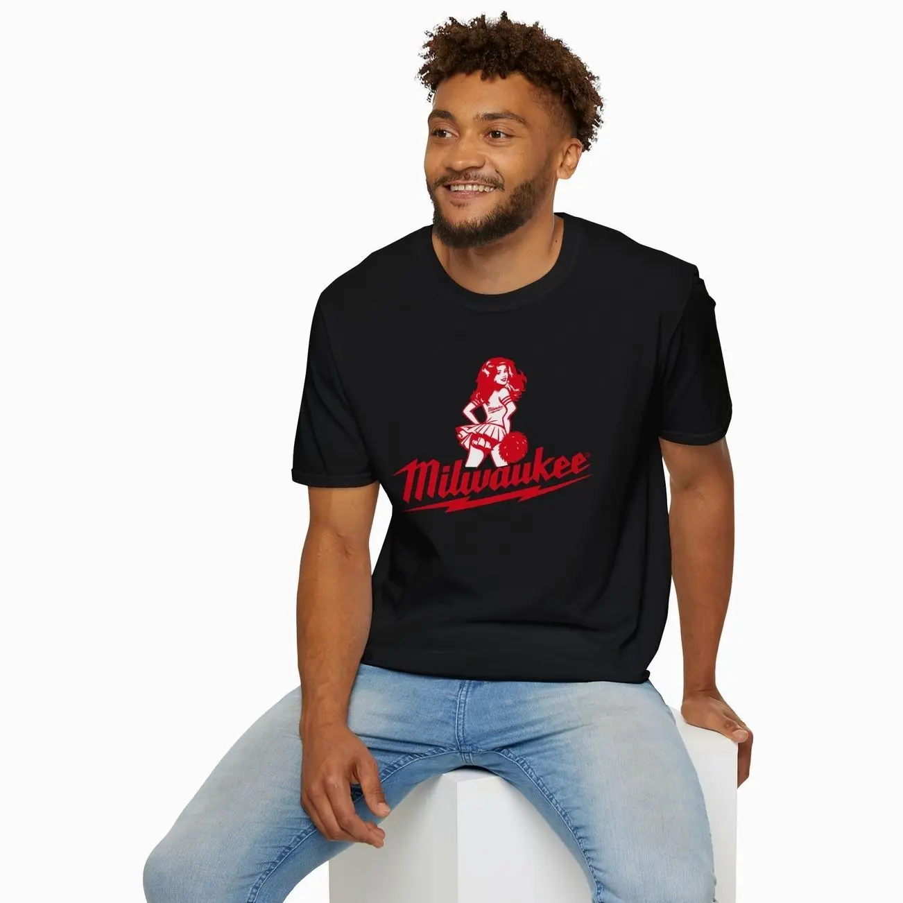 Milwaukee Cheerleader Graphic T-Shirt, Red Logo Power Tools Tee, Mechanic Contractor Work Shirt, Tradesman Gift, Unisex Black T-Shirt UV7D5G