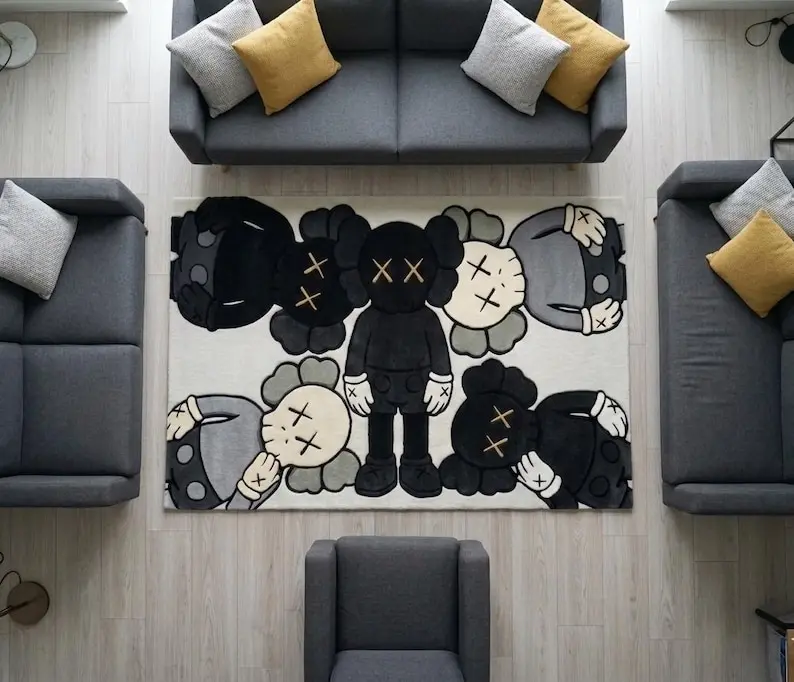 Black KAWS Inspired Rug, Pop Art Abstract Carpet, Hypebeast Decor