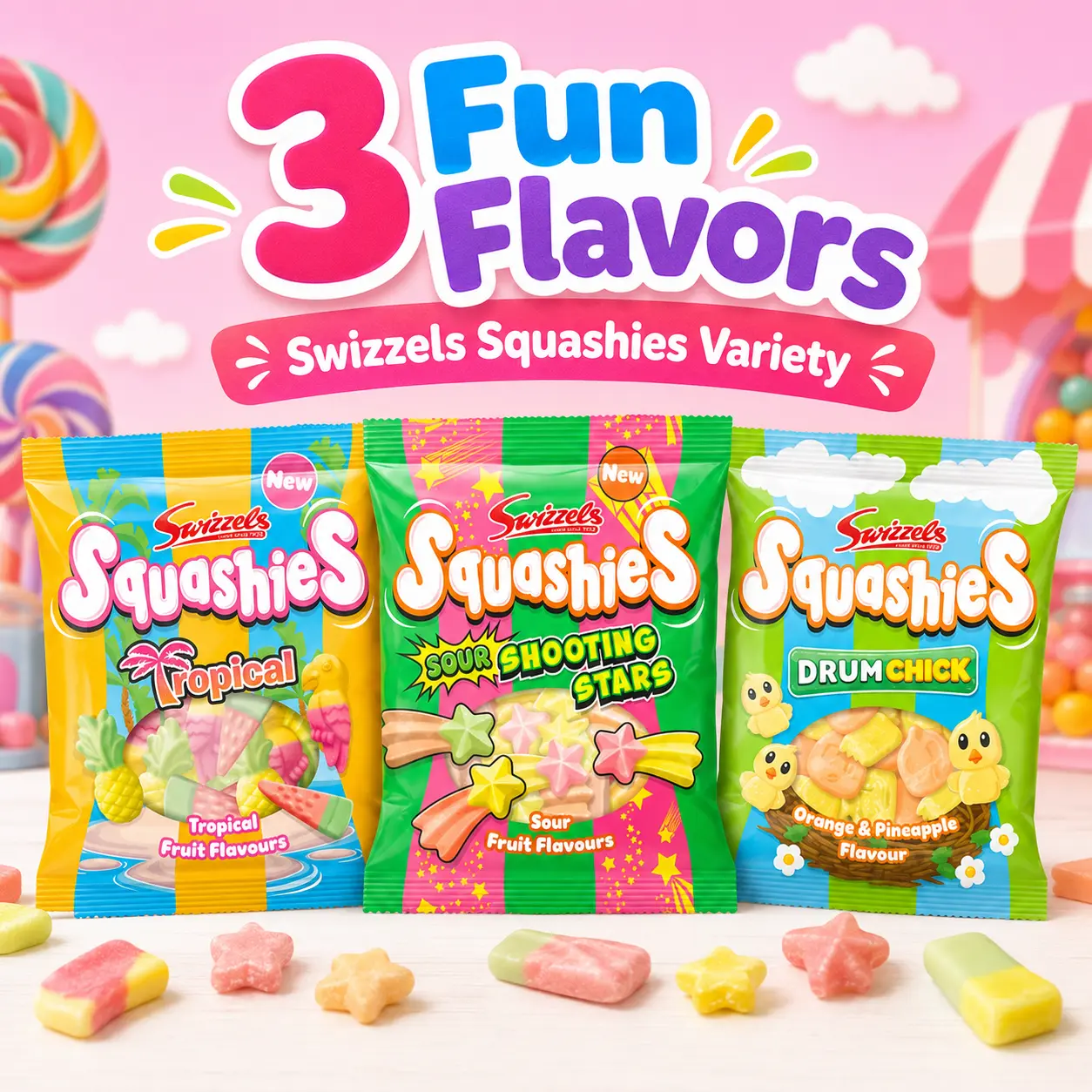 Swizzel Squashie 3-Pack Variety Mix Candy Bundle - UK Tropical, Sour Shooting Stars, Drum Chick Flavors - Gluten-Free, Dye-Free Soft Chewy Snacks