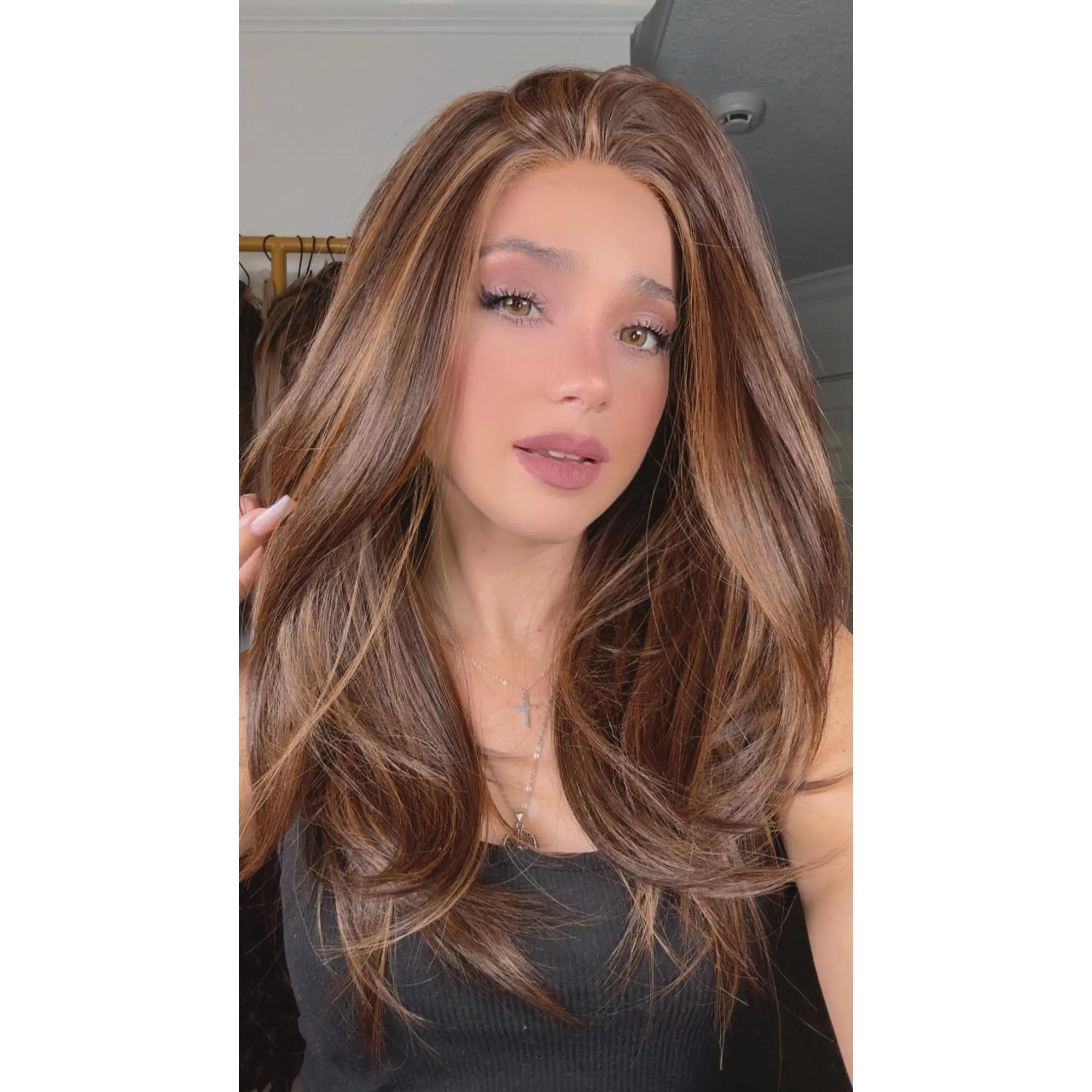 EllaRae | Gigi Brunette with Highlights | Midlength Full Monofilament Straight Brunette with Layers Wig