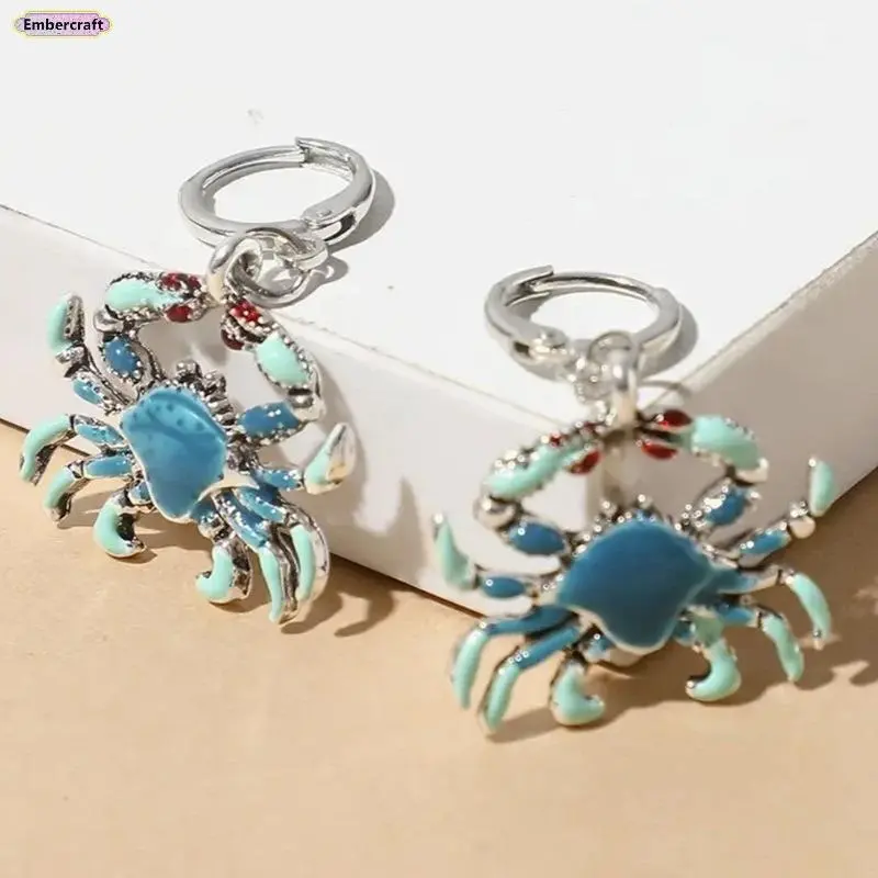 Women's Crab Motif Beachy Earrings Set - Tropical Whimsical Hawaiian Design, Creative Oil Drip Dangling Style, Female Summer Vacation Fashion Accessory Gift