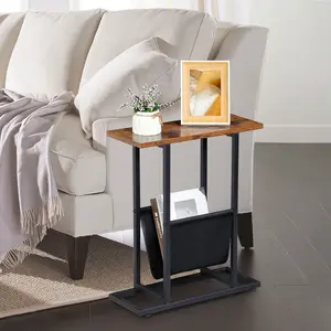Zeny Compact Narrow Metal Frame Side Table with Metal Legs, MDF Top, Storage Holder - Easy-to-Use Rustic Brown Rustic Look End Table for Sofa, Couch