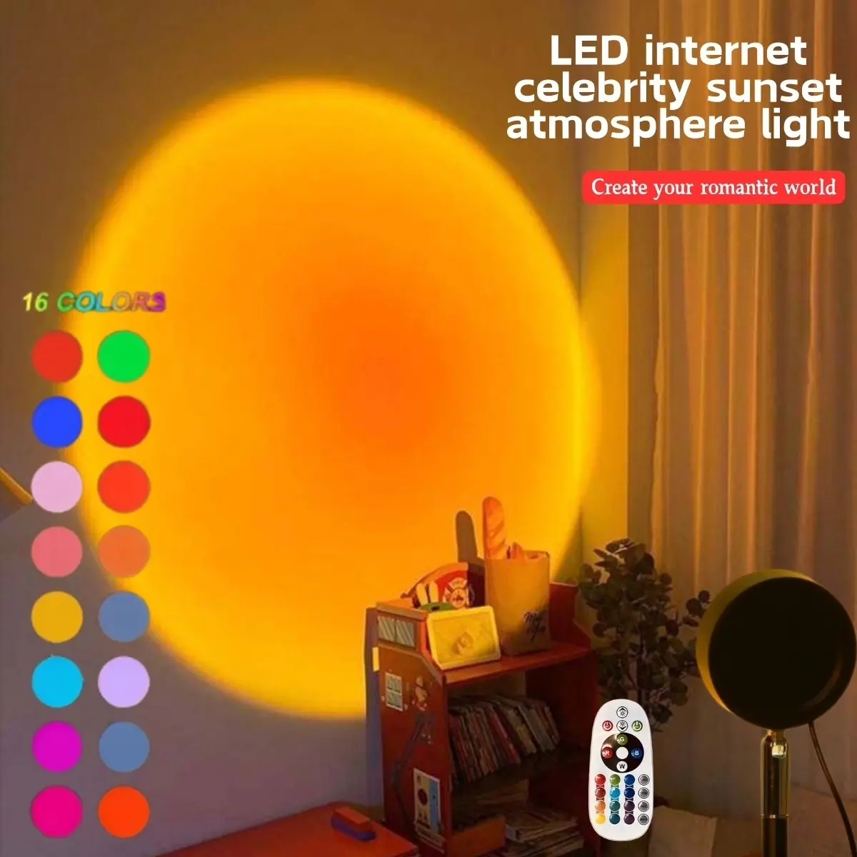 Remote-Controlled Sunset Projection Lamp, Decorative Atmosphere Lamp, 16 Color RGB Lights, Color Changing LED, USB Powered, 180° Rotatable, Perfect for Bedroom Atmosphere and Party Decor, Led Decoration, Led Home Decor