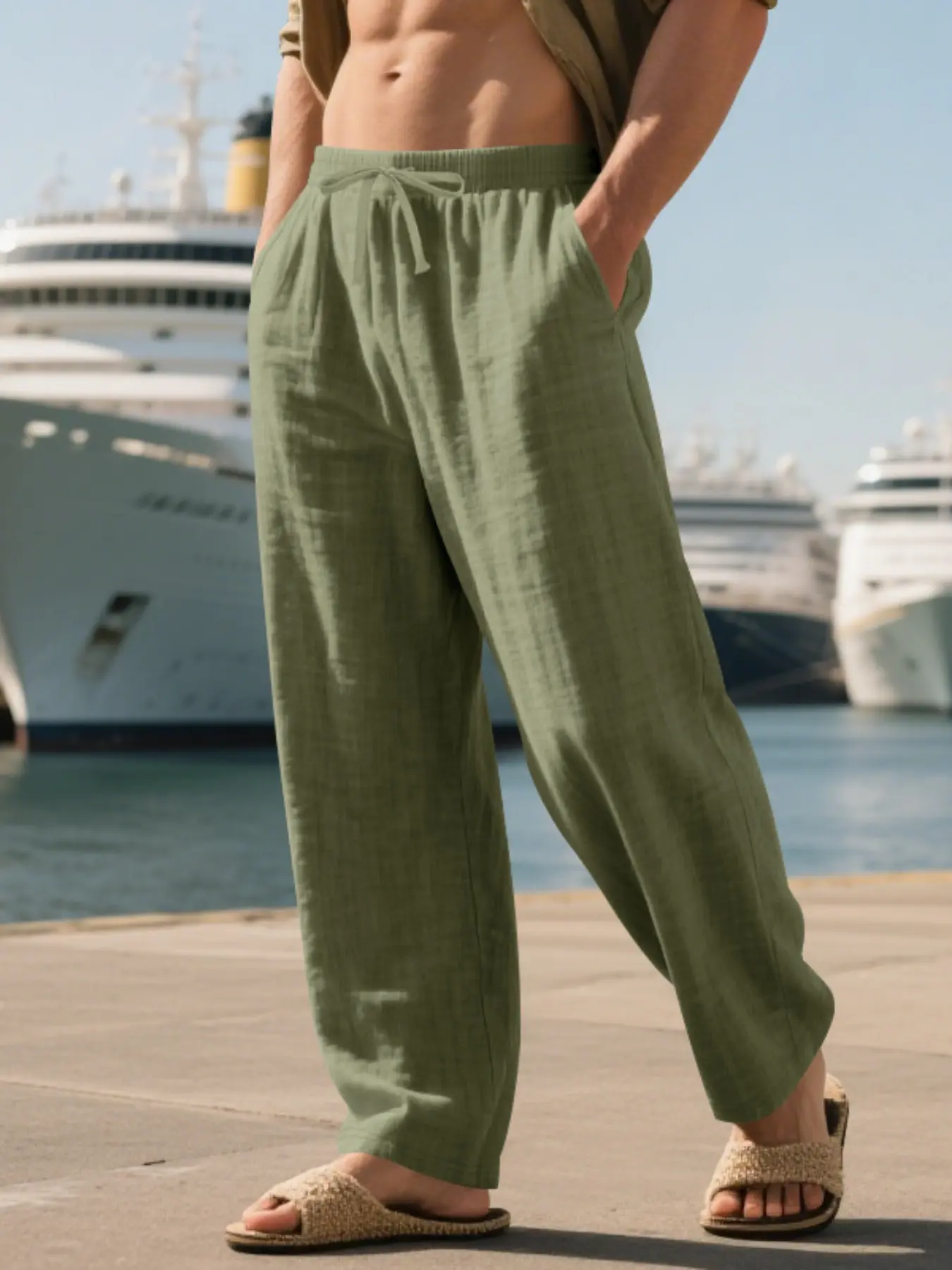 Men's casual trousers, linen drawstring double-pocket solid color trousers, fashionable and casual, classic and versatile, Casual Minimalist Pants, can be matched casually without looking bulky, Casual Plain Trousers