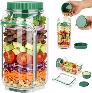 Kitchen Salad Jar with Side Opening & Dressing Cup - Upgraded Locking Buckle, Secure Seal Pod, Portable Meal Prep Container with Protein Powder Scoop Funnel Set for Home, Office Travel