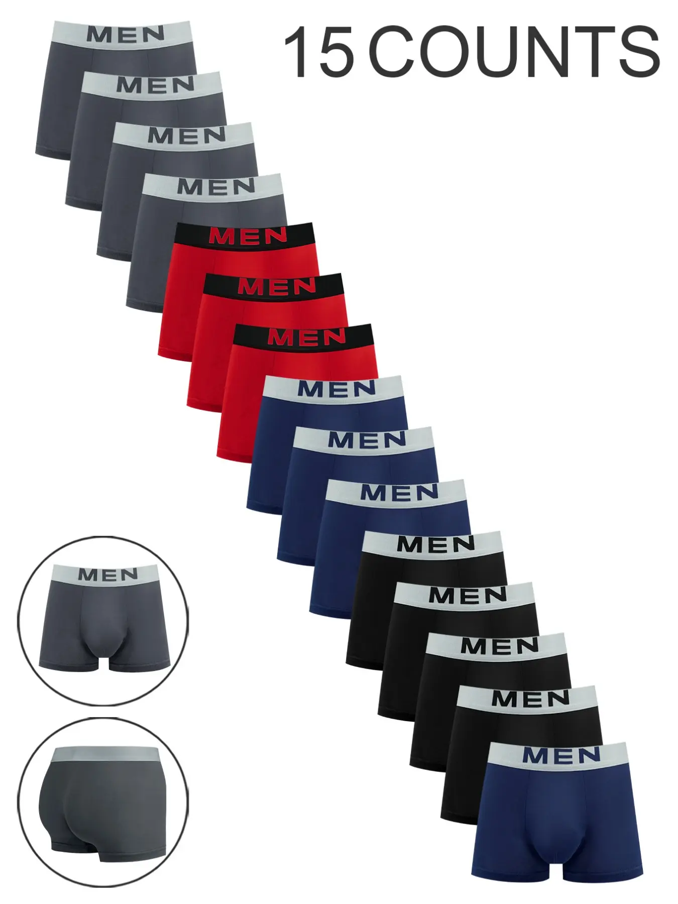 15 pcs men's flat cornered Plain underwear, Lightweight, Athletic sports underwear, suitable for all seasons, home, loose casual, various activities, Daily Casual Underwear, Casual Style Underwear