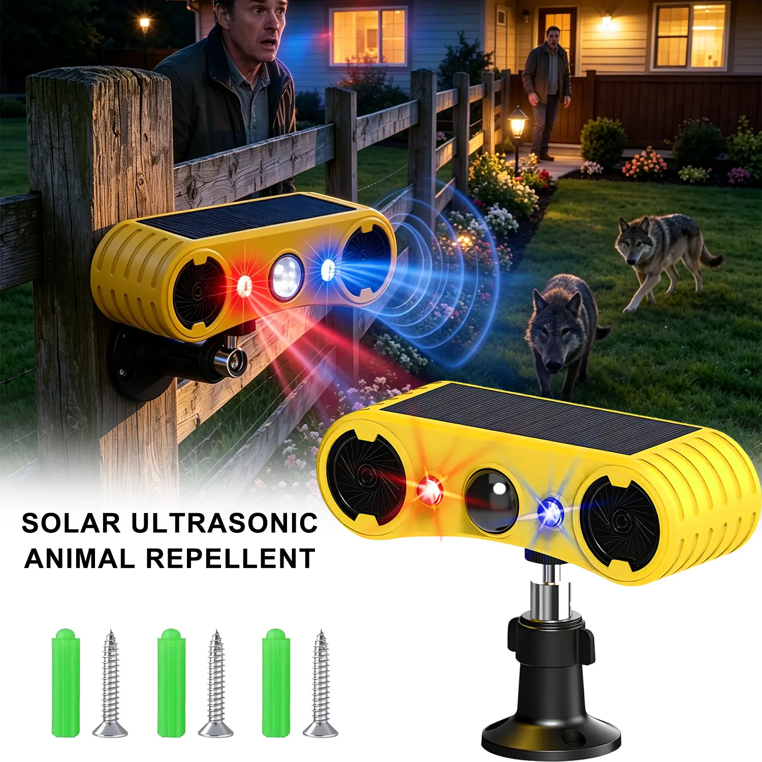Solar Outdoor Motion Sensor Security Alarm, 129dB Dual Speaker Loud Siren, 4 Working Modes, Red & Blue Motion-Activated Strobe Light, 13 Alert Sounds Security System for Farm, Yard, Orchard & Barn