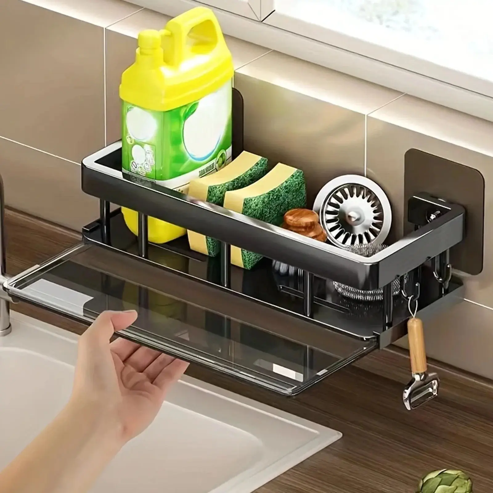 summerwins Stainless Steel Wall-Mount Adhesive Hanging Kitchen Sink Caddy Organizer with Smooth Aluminium Drainer Rack for Sponges, Rags, Shampoo, Soap - Multi-Use Bathroom Storage Rack, Durable Space-Saving Home Organizer