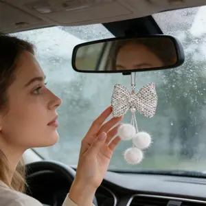 Full Diamond Bow Ball Car Hanging Ornament, Rearview Mirror Decoration, Luxurious Car Interior Accessory, Car Interior Ornaments, Car Accessories, Three Colors Available