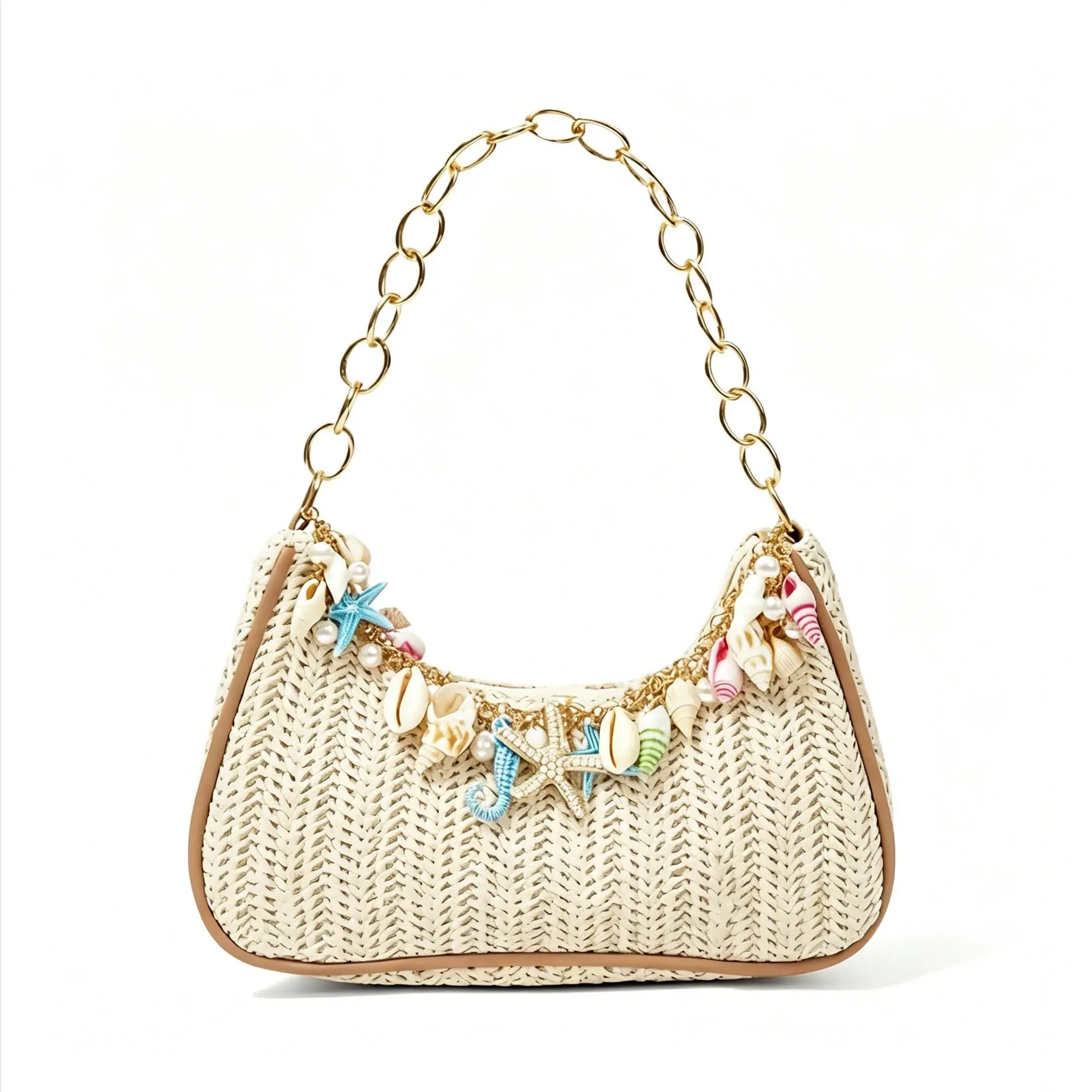Straw Seashell Purse for Women Beach Beaded Handbags Ladies Summer woven Armpit Bag with Chain Handle for Vacation