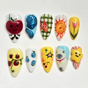 Funny Summer Press On Nails, Vibrant Almond Nail Set, Fish Nails, Fruit Nails, 3D Press On Nails, Handmade press on, Fruit Press On Nails.