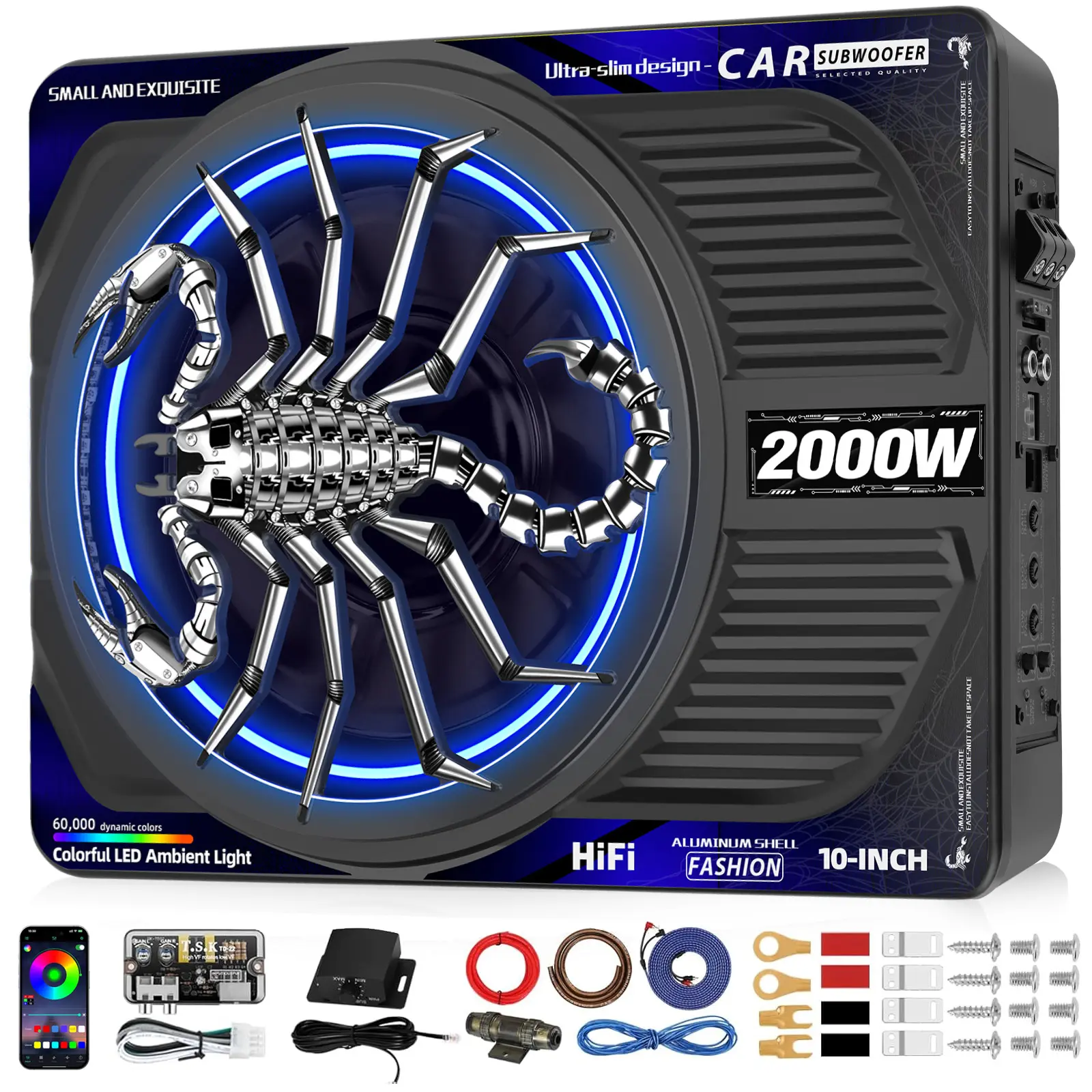 TANVSO 2000W 10-Inch Slim Powered Underseat Car Subwoofer & Power Amplifier Package, Built-in Class D Cast Aluminum Amplifier, Beat Sync LED Light, RGB Lighting Sync, App Control, Low Pass Filter, Bass Enhancement for Trucks, SUVs audio installation