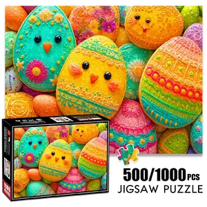 1pc 1000 piece adult puzzle 70x50cm Colorful Decorated Easter Eggs with Chick and Floral Designs 500 pieces of paper jigsaw puzzle, suitable for adults and families, large-scale DIY puzzle interacti