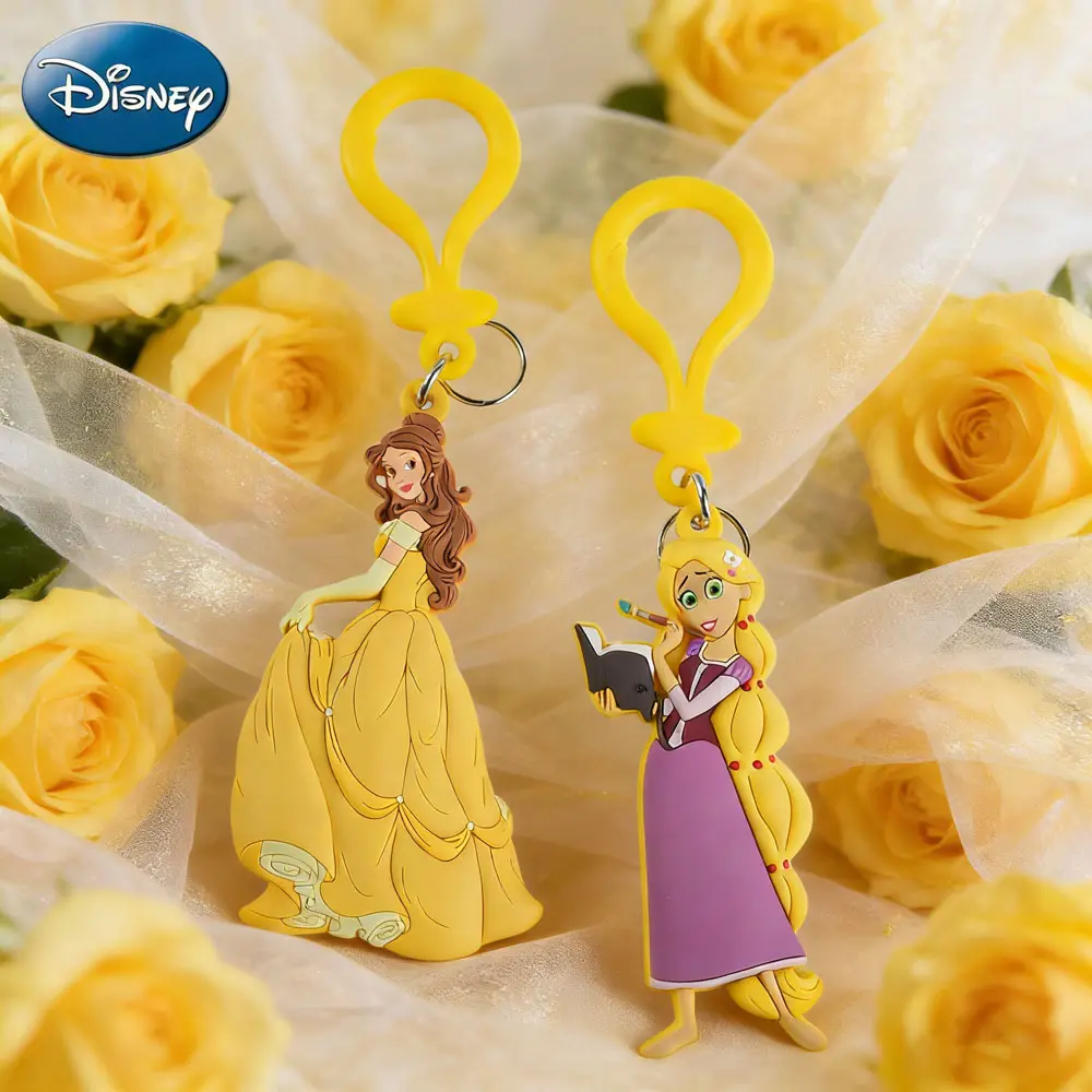 1PC Disney Princess Keychain Officially Licensed Collectible Belle Rapunzel Gorgeous Gown Dress Anime Peripheral Backpack Decoration Car key Pendant Desk Ornament Durable PVC Rubber Gift