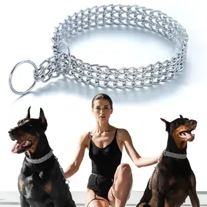 Dog Chain Collar Stainless Steel Adjustable Walking Collar Metal Cuban Link Dog Collar Chew Proof Double Row Chain Dog Collar for Large Small Medium Dogs