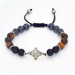 FIMENESS HEMATITE, TIGER EYE, AND BLACK TOURMALINE WITCH KNOT HANDMADE MACRAME BRACELET