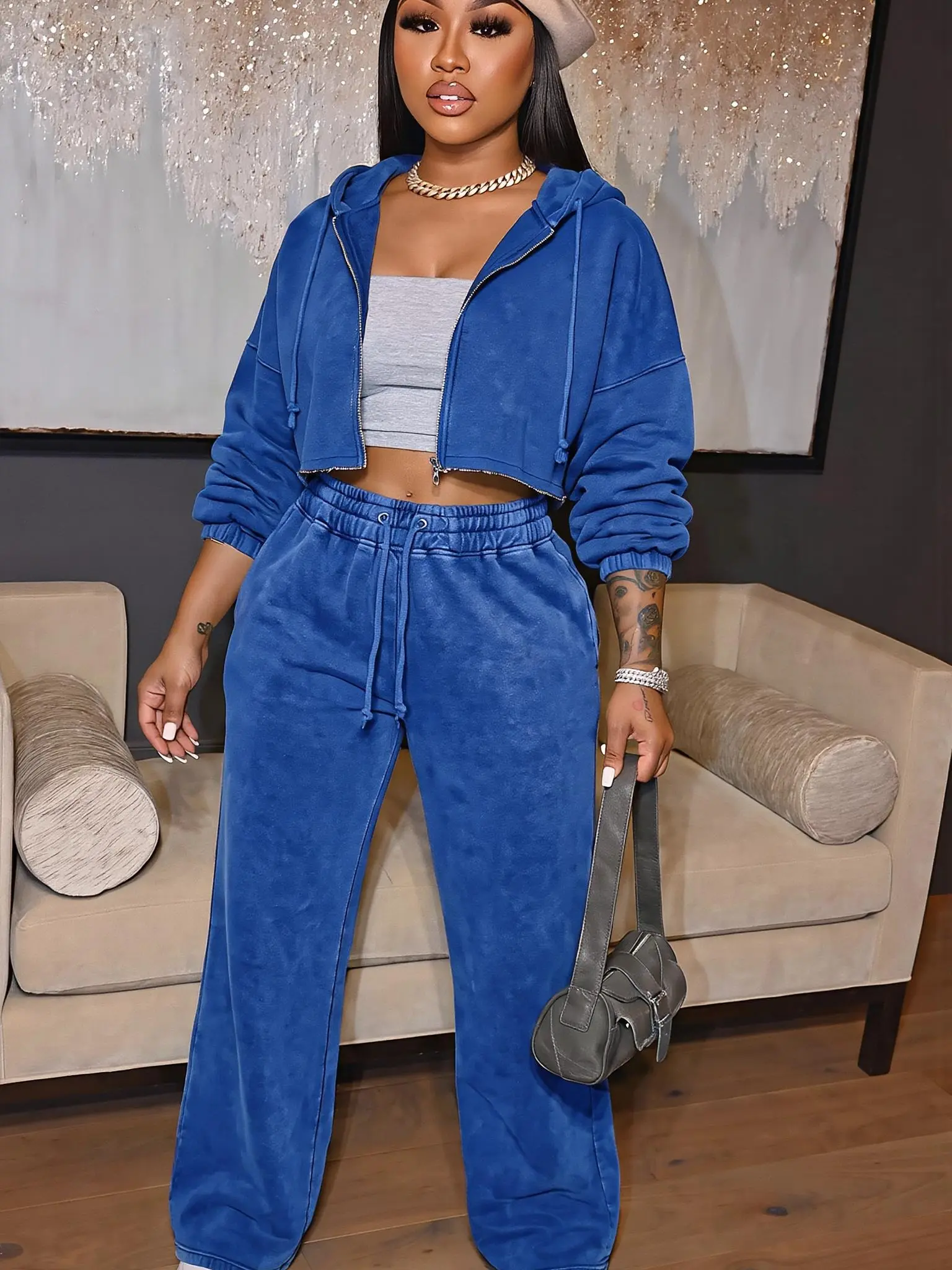USBoutiqueCHIC Women’s Off Shoulder Waffle Knit Two Piece Loungewear Set | Loose Top & Jogger Pants Casual Tracksuit
