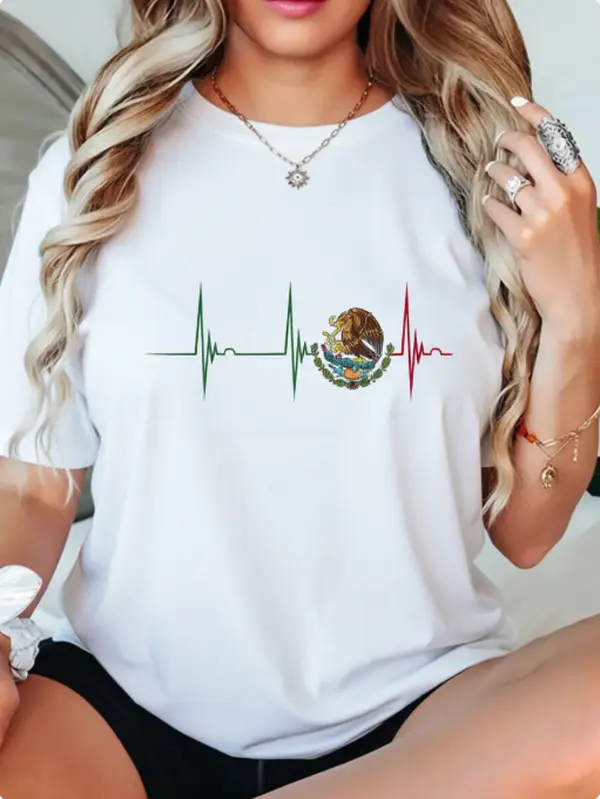Women's 100% Cotton Mexico Flag Graphic Proud Heritage Tee - Short Sleeve, Round Neck, Breathable Fabric, Relaxed Fit, Heartbeat Print, Classic Casual Wear, Cold Wash Top for Matching Skirts or Coats