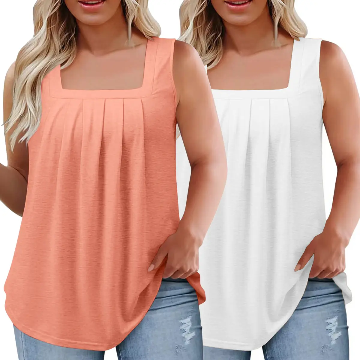 2 Pack Loose Fit S-3XL Summer Sleeveless Tunic Tank Tops Square Neck Pleated Tops for Women