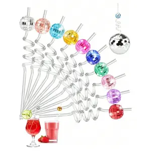 【Hot Selling】Disco Party Decorations Set, Colorful Mirror Ball Straws & Silver Plastic Cup Straws, Cocktail Accessories, Perfect for Weddings Birthdays Parties