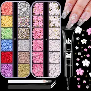 3D Flowers Nail Charms and Gems with Nail Rhinestone Glue Gel, Cute Colorful Acrylic 3D Flowers for Nails with Caviar Beads, Rhinestones for Nails and Gem Glue with Pickup & Dotting Tools